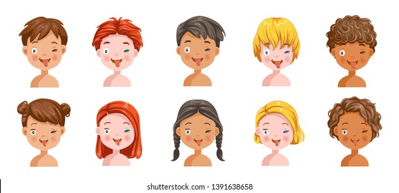 
Boys and girls set emotions, feelings be shy, face of the child. Different nationalities are different. Variety of children. Female and male heads. vector of students. Cartoon illustration isolated. 