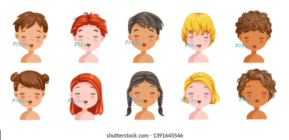 Boys and girls set emotions, feelings be Sleepy, face of the child. Different nationalities are different. Variety of children. Female and male heads. vector of students. Cartoon illustration isolated