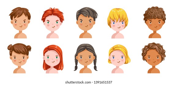 
Boys and girls set emotions, feelings be Strive child, face of the child. Different nationalities are different. Variety of children. Female and male heads. vector of students. Cartoon illustration.