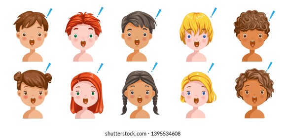 Boys and girls set emotions, feelings of Shocked, Surprised The face of the child is confused. Different nationalities are different. Variety of children. Female and male heads. Vector of students.