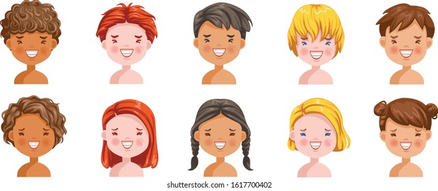 Boys and girls set emotions, feelings be smile, Laugh face of the child.  Different nationalities are different. Variety of children. Female and male heads. Picture of students. 