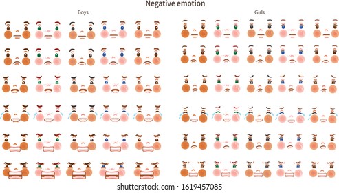 Boys and girls set negative emotions set, feelings be sulky, Angry face of the child.  Different nationalities are different. Variety of children. Female and male mouth and eyes. Picture of students. 