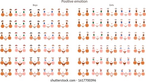 Boys and girls set positive emotions set, feelings be smile, Laugh face of the child.  Different nationalities are different. Variety of children. Female and male heads. Picture of students. 