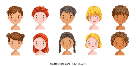 Boys and girls set sadly emotions, Feeling sad, face of the child.  Different nationalities are different. Variety of children. Female and male heads. Picture of students. 