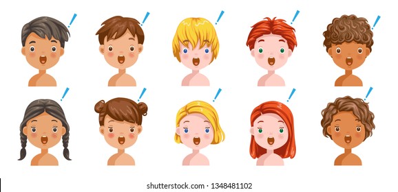 
Boys and girls set of surprised emotions, Different nationalities are different. Variety of children. Heads of students. Vector illustration isolated on a white background.