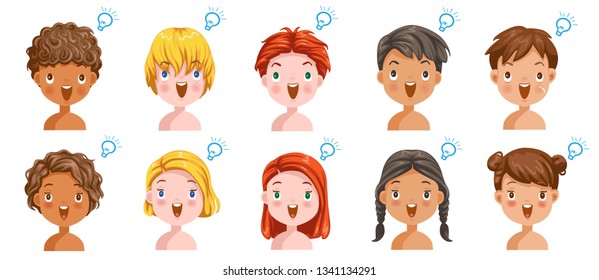 
Boys and girls set thinking emotions, Different nationalities are different. Variety of children. Heads of students. Vector illustration isolated on a white background.
