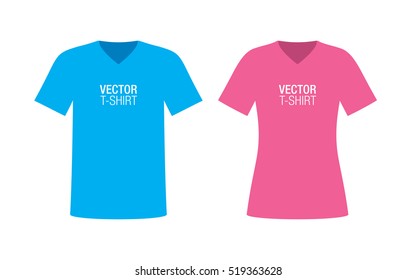 Boys and girls short sleeve V-neck T-shirt templates. Set of blue and pink vector T-shirts, isolated on white background.