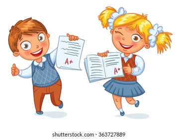 Boys and girls showing perfect test results. An A student. Funny cartoon character. Vector illustration. Isolated on white background