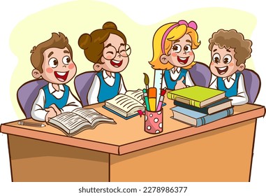 Boys and girls sitting around the table, studying, reading books and discussing. Children talking to each other in the school library. Cartoon vector illustration for banner, poster, advertisement.