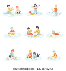 Boys and Girls Sitting on Floor Painting, Cutting, Drawing, Modelling from Plasticine, Kids Creativity, Education, Development Vector Illustration