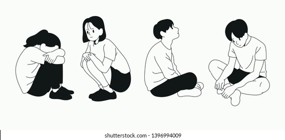 Boys and girls sitting on the floor and feeling gloomy. bland and white monotone. hand drawn style vector design illustrations.