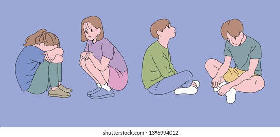 Boys and girls sitting on the floor and feeling gloomy. hand drawn style vector design illustrations.