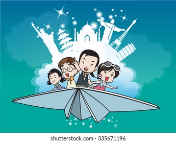 Boys and girls Sitting on a paper plane They're fun to travel. Illustration on tour business - vector illustration