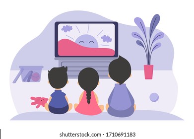 Boys and girls sitting at TV screen and watching cartoon movie for children. Vector illustration for childhood, television, video, show for kids concept