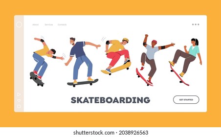 Boys and Girls Skateboarding Activity Landing Page Template Set. Young People Skating Longboard, Jump and Making Stunts and Tricks. Skaters Fun, Urban Skateboard Sport. Cartoon Vector Illustration