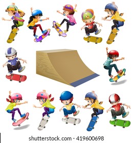 Boys and girls skateboarding on the ramp illustration