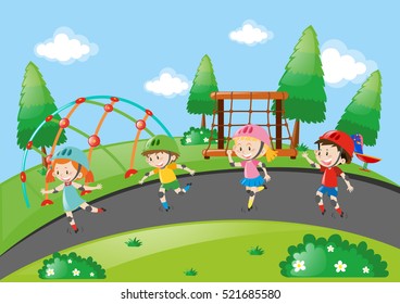 Boys and girls skating on the road illustration