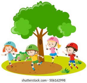 Boys and girls skating in park illustration