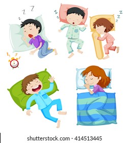 Boys and girls sleeping in bed illustration