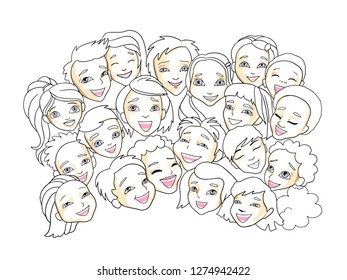 Boys and girls smile and have fun. Baby faces with smiles. Group of children of a garden or school students.