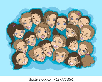 Boys and girls smile and have fun. Baby faces with smiles. Group of children of a garden or school students.