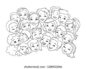 Boys and girls smile and have fun. Baby faces with smiles. Group of children of a garden or school students.