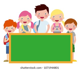 Boys and girls standing and blackboard 