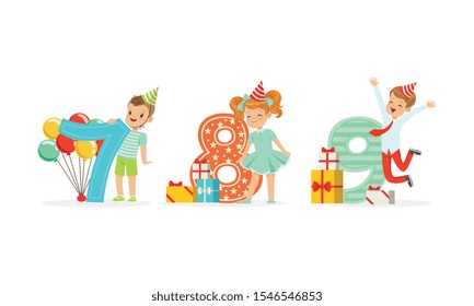 Boys and girls are standing next to the big numbers. Vector illustration on a white background.