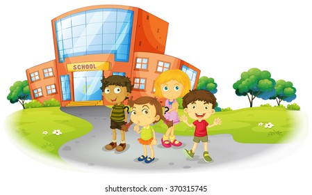 Boys and girls standing on the school ground illustration