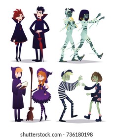 Boys and girls in style of different Halloween characters. Young couples in costumes of vampires, mummies, wizards, zombies. Vector illustration in cartoon style on white background. Set. Party.