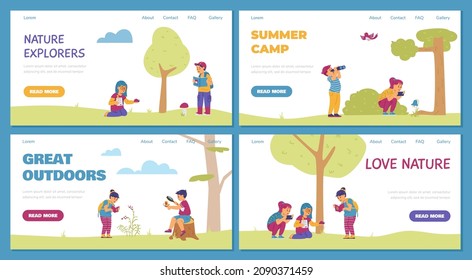Boys and girls in summer camp explore nature, making photos with camera and watching birds. Website vector banner about kids summer outside activities. Children outdoor expedition set of illustrations