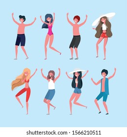 Boys and girls with swimwear design, women men summer beach vacation and travel theme Vector illustration