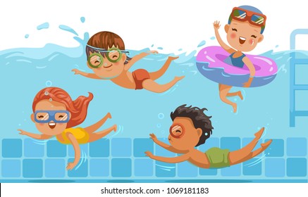 Boys and girls in swimwear are swimming in a children's pool. Underwater view and on water.kids are having fun. Vacation in summer vacation Share with friends. Sports and swimming in childhood water. 