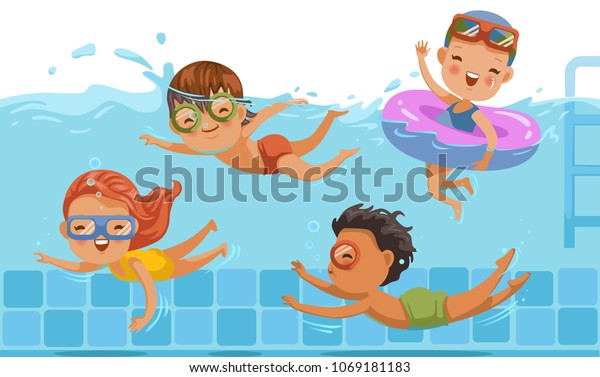 Boys and girls in swimwear are swimming in a children's
pool. Underwater view and on water.kids are having fun. Vacation in
summer vacation Share with friends. Sports and swimming in
childhood water. 