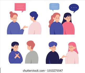 The boys and girls are talking. Introducing each other or making a gesture of rejection. hand drawn style vector design illustrations. 