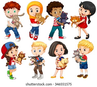Boys and girls with their pets illustration