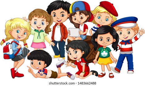 Boys and girls together in group on white background illustration