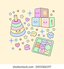 boys girls toys play puzzle ring cubes with cute facial expressions and pastel colour
