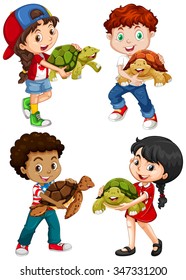 Boys and girls with turtles illustration