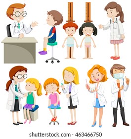 Boys and girls visiting doctors illustration