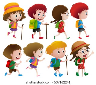 Boys and girls with walking stick illustration
