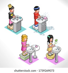 Boys and girls washing their hands with lots of soap (vector illustration, isometric style)