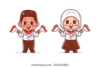 Boys and girls are waving the Indonesian flag vector illustration