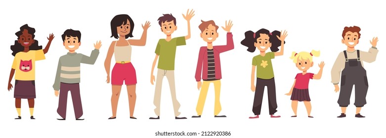 Boys, girls waving their hands in sign of greeting. Set of different cartoon kids characters saying hi, hello or goodbye with raised hand in flat vector illustration isolated on white background