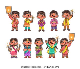 Boys and girls wearing a costume Diwali vector illustration set