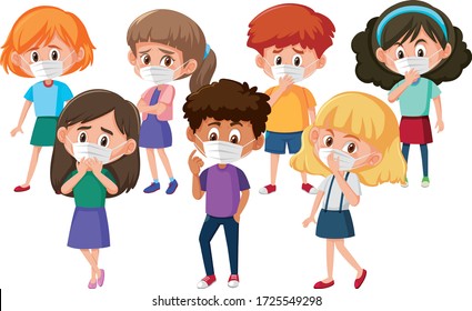 Boys and girls wearing mask on white background illustration
