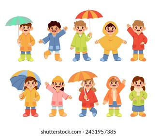 Boys and girls wearing raincoat vector illustration set