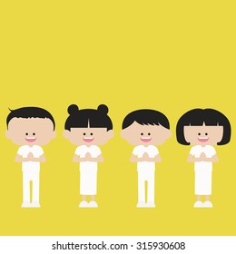 Boys and girls in white outfit with yellow background