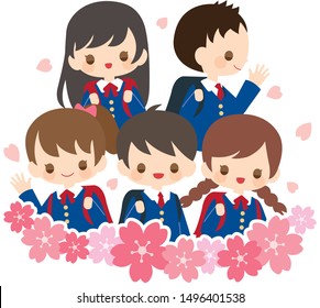 Boys and girls who came to school under the cherry blossoms in the spring season