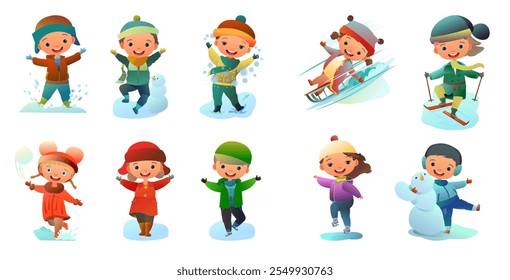 Boys and girls in winter clothes. Child in winter clothes. Fun frost. Winter clothes. Object isolated on white background. Cartoon fun style Illustration vector